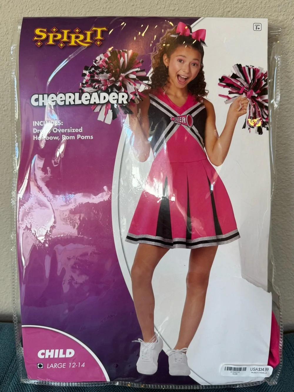 NEW Spirit Halloween Cheerleader Costume Set with Pom Poms and Bow. Child Large